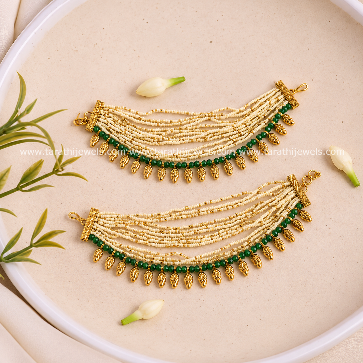 Pearl Earring chain With Golden Leaf Drops EC213