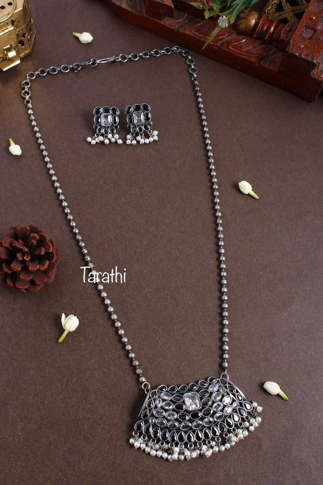 Oxidized Silver Pearl Drops Long Haaram HA88