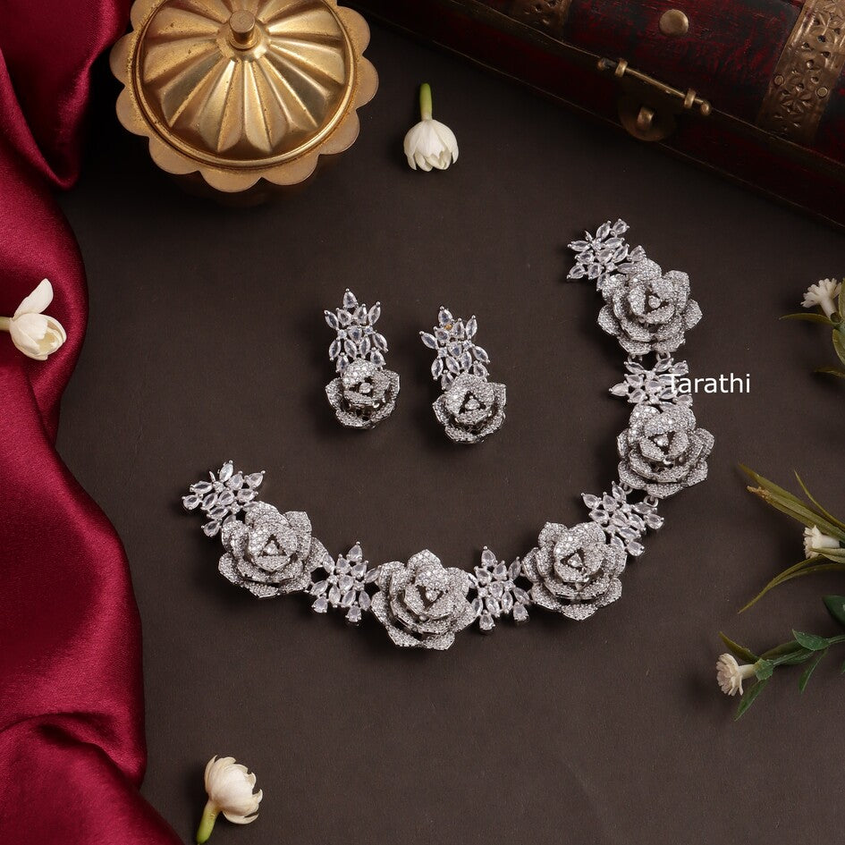 Floral Design Diamond Look alike Necklace N389