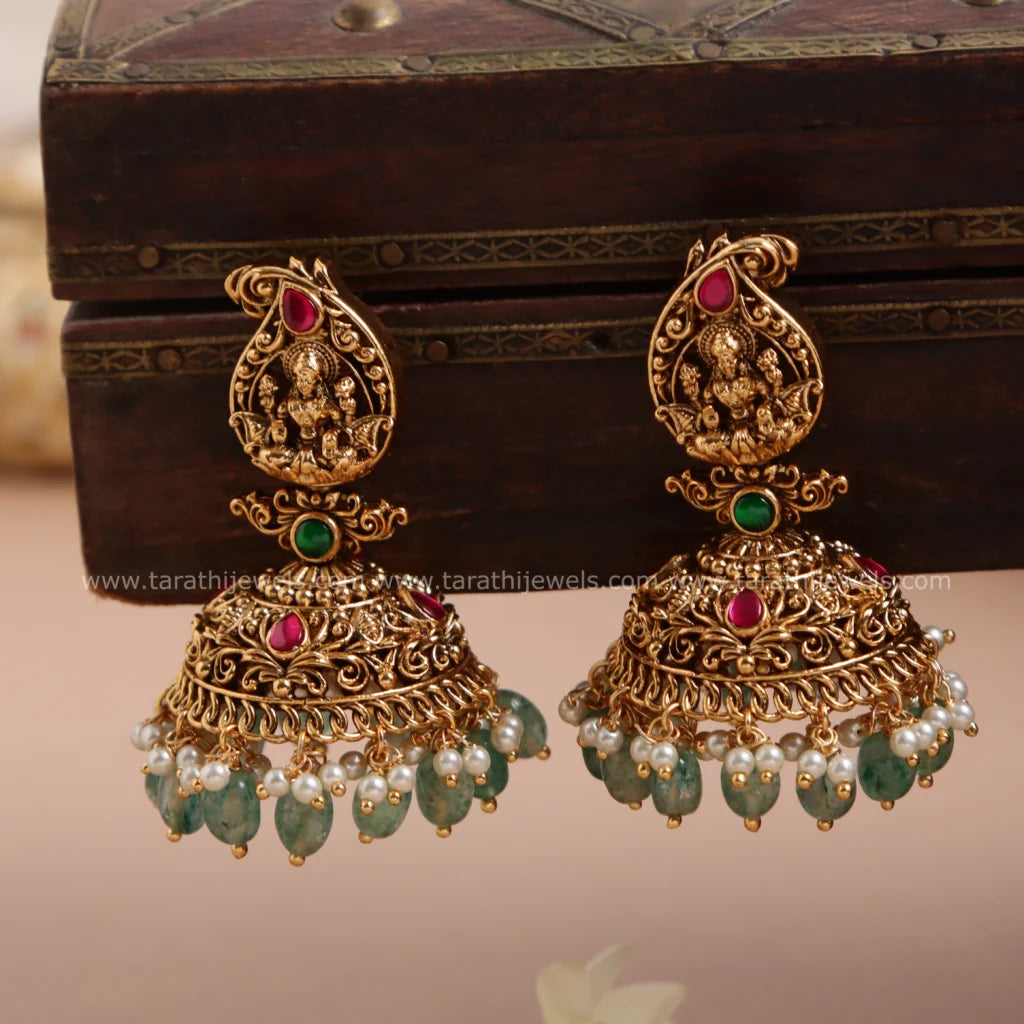 Ishwarya Antique Finish Lakshmi Green drops Long Haaram HA266