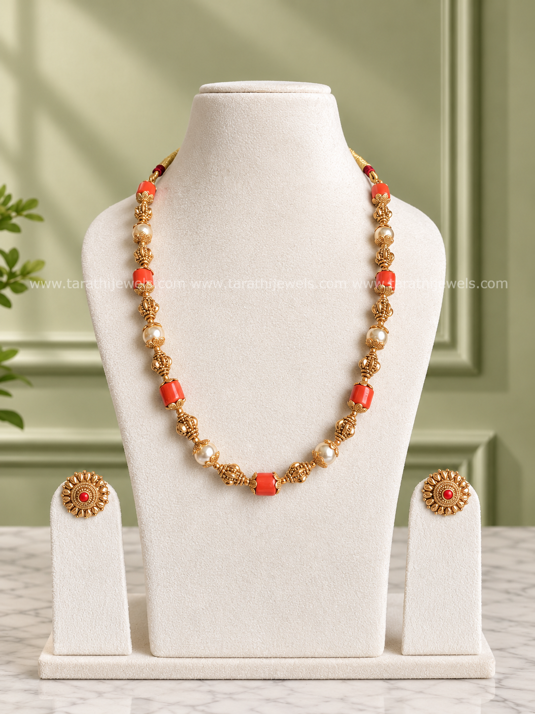 Coral Pearl Gold Beads Necklace N1150