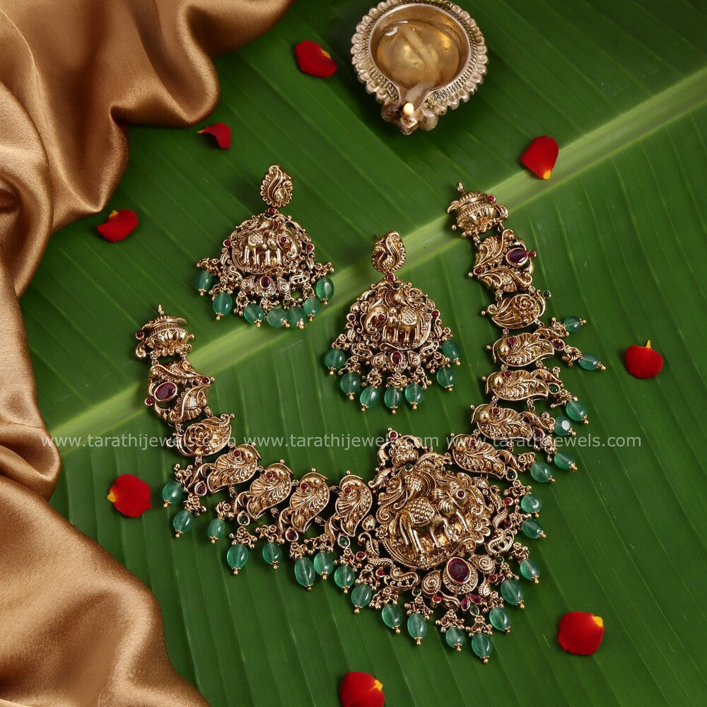 Elephant Pendant Green Beads Temple Necklace N519