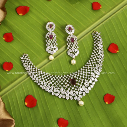 White Tone American Diamond Necklace AC48