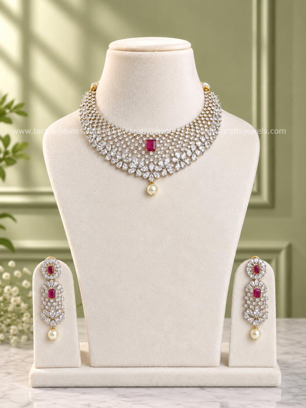 White Tone American Diamond Necklace AC58
