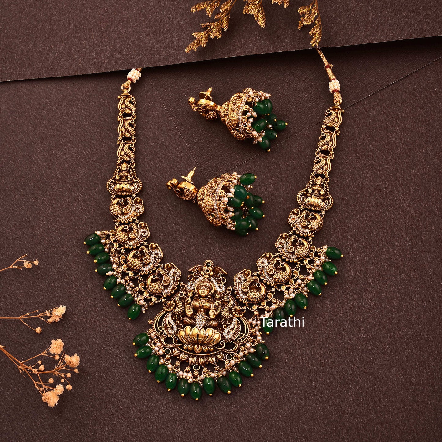 Antique Finish Green Drops Lakshmi Short Necklace N391