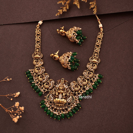 Antique Finish Green Drops Lakshmi Short Necklace N391