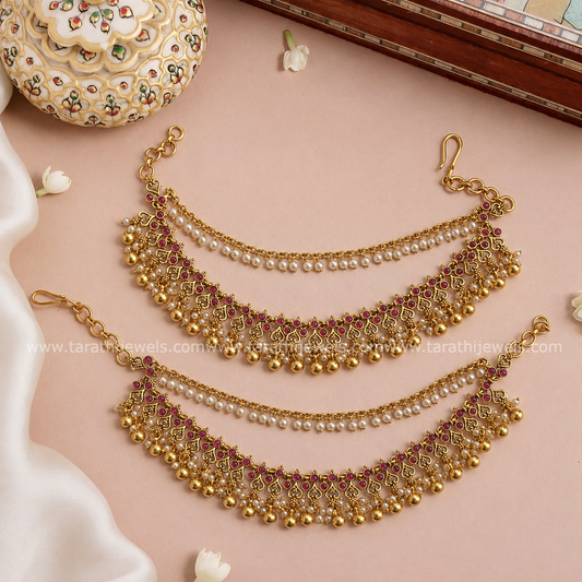 Two Layered Pearl and Gold Drops Earring Chain EC175