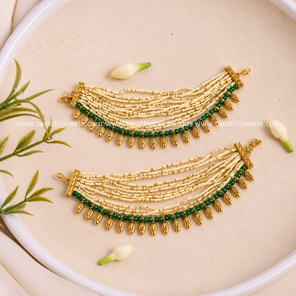 Pearl Earring chain With Golden Leaf Drops EC213