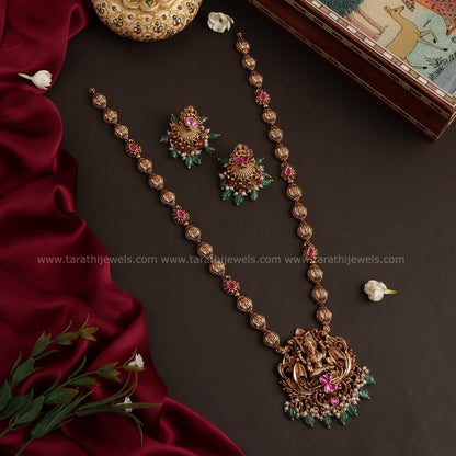 Antique Finish Lakshmi Green drops Long Haaram HA222