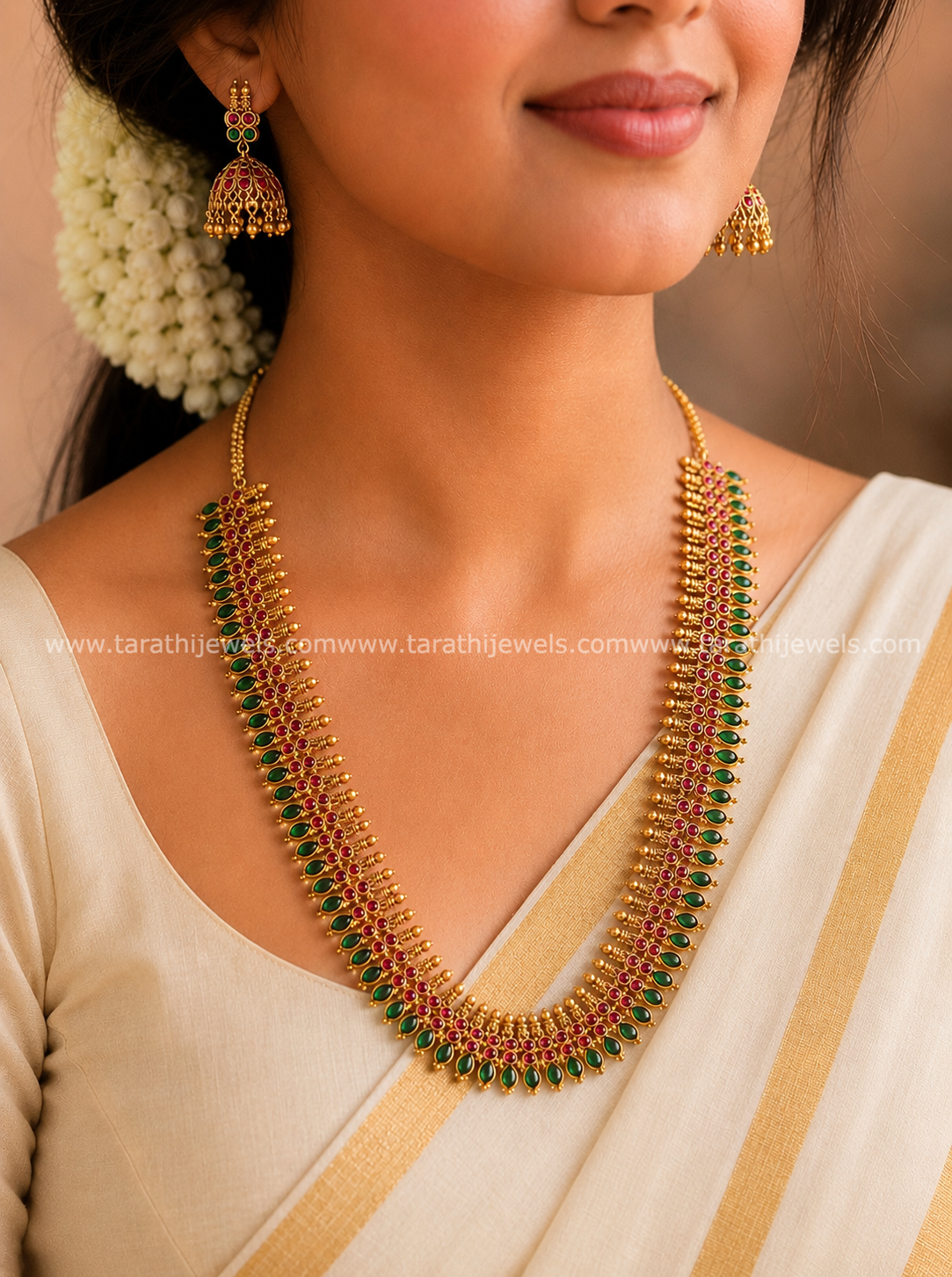 Gold toned Green with Ruby Kerala Traditional Haaram HA322