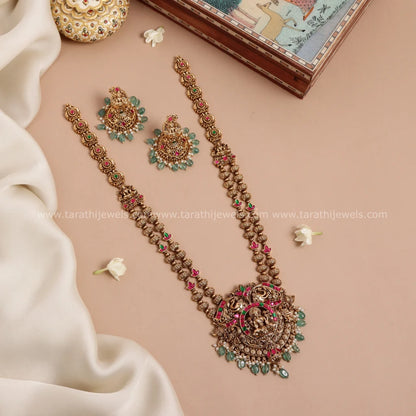 Ishwarya Antique Finish Lakshmi Green drops Long Haaram HA266