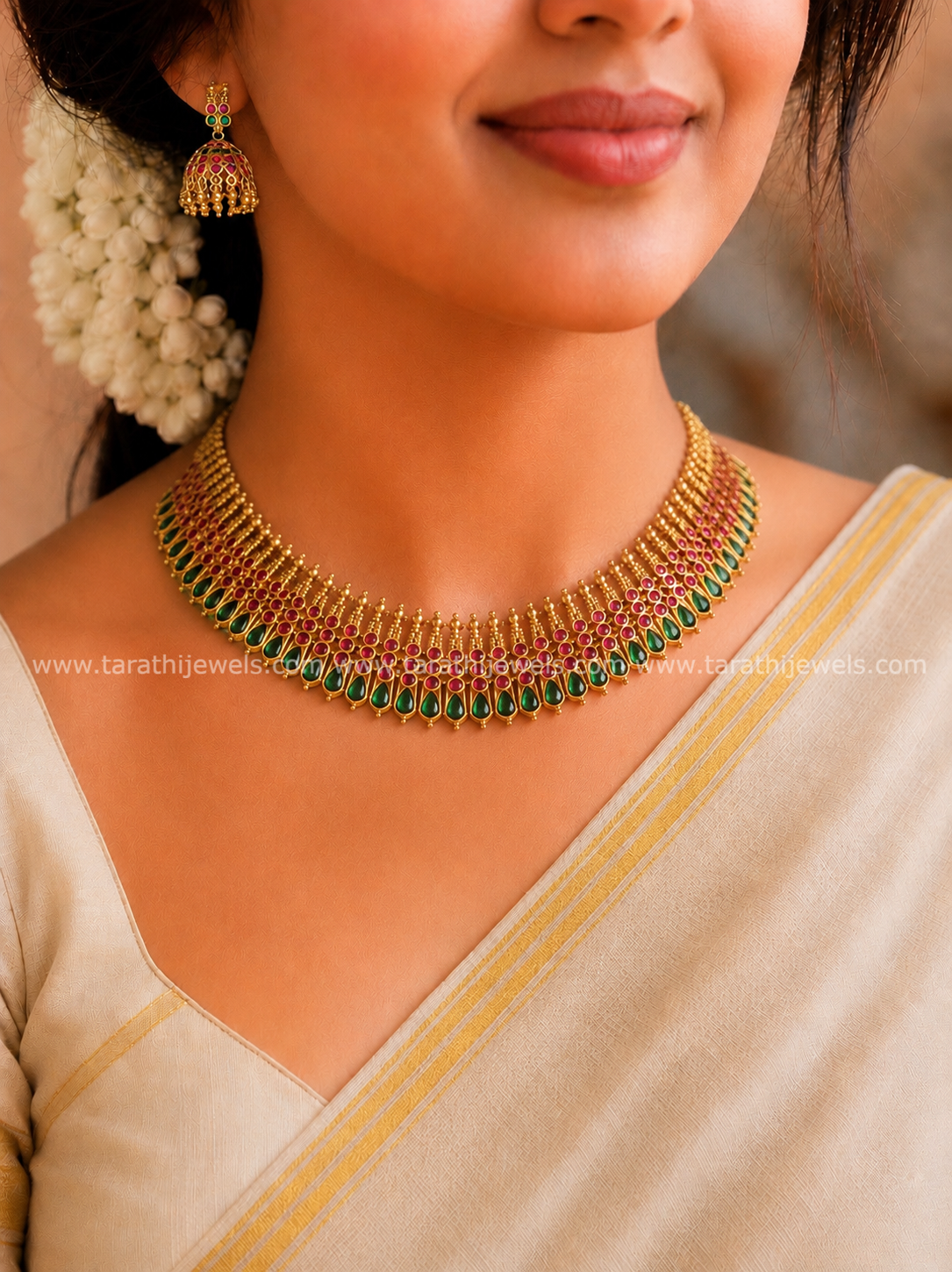 Gold toned Green with Ruby Kerala Traditional Necklace N762
