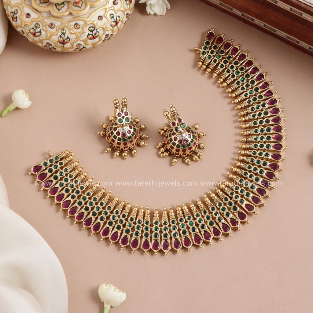 Gold toned Green with Ruby Kerala Traditional Necklace N796