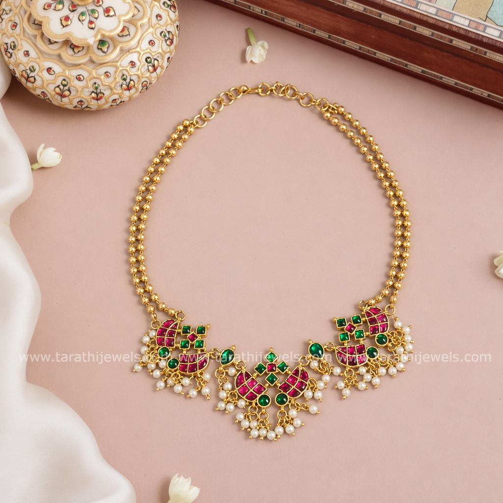 Antique Gold Finish Ruby Green stones Necklace N905