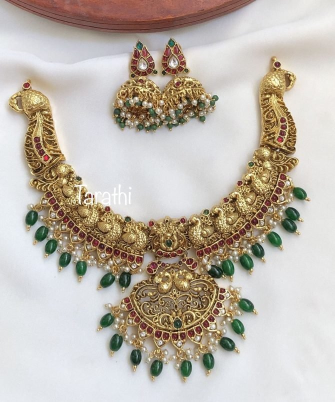 Gold Look alike short Neckpiece -Peacock -Green Beads