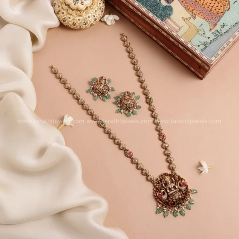 Antique Finish Lakshmi Green drops Long Haaram HA280