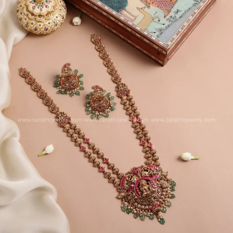 Antique Finish Lakshmi Green drops Long Haaram HA290